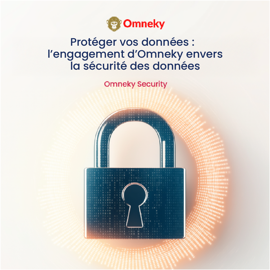 Représentation sécurisée des données numériques avec des icônes de cryptage et un bouclier, illustrant le cadre solide de sécurité des données d’Omneky.