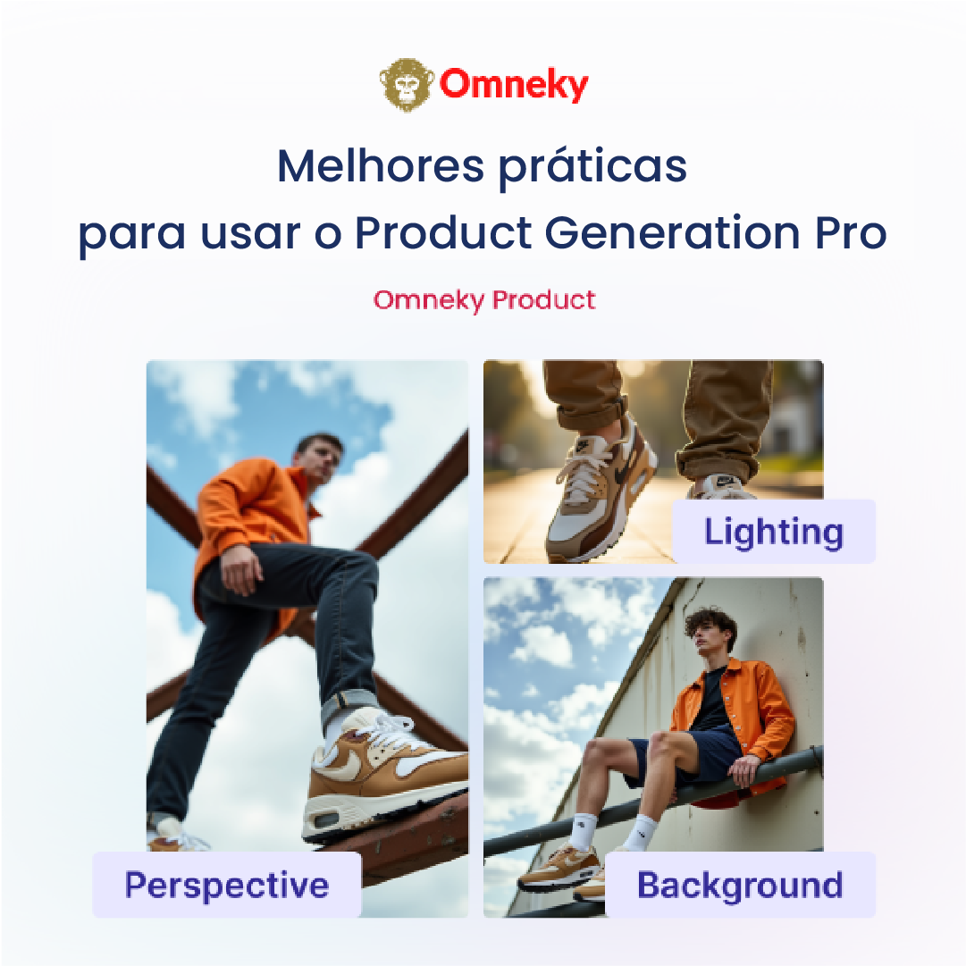 Imagem de produto gerada por IA mostrando um par de tênis estiloso em uma estrutura metálica, destacado com iluminação aconchegante e um fundo dinâmico.