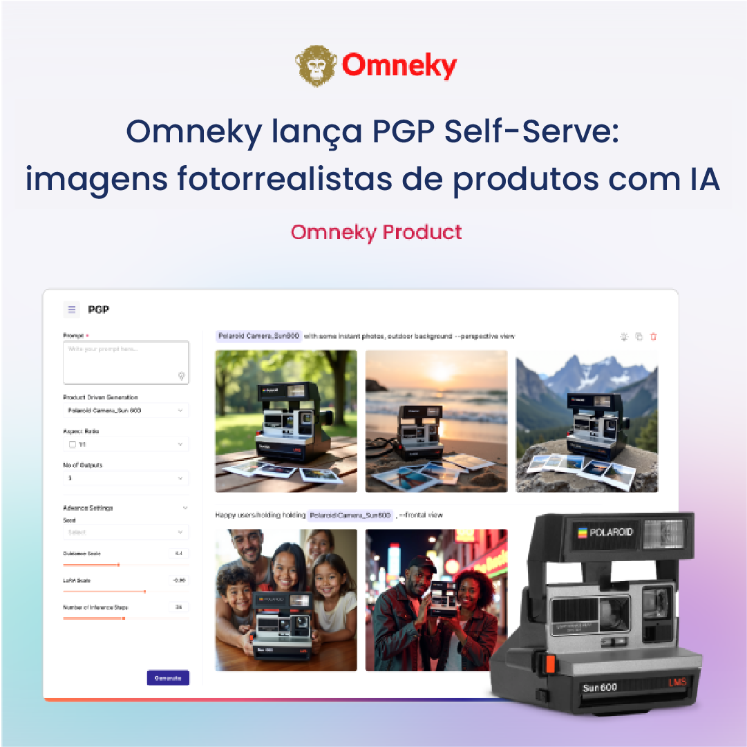 Imagem de produto fotorrealista gerada por IA de um dispositivo moderno e elegante, apresentando a ferramenta PGP Self-Serve da Omneky.