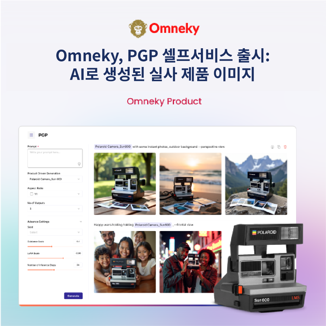 Omneky의 PGP Self-Serve 도구를 보여주는 세련된 현대 가제트의 AI가 생성한 사실적인 제품 이미지입니다.