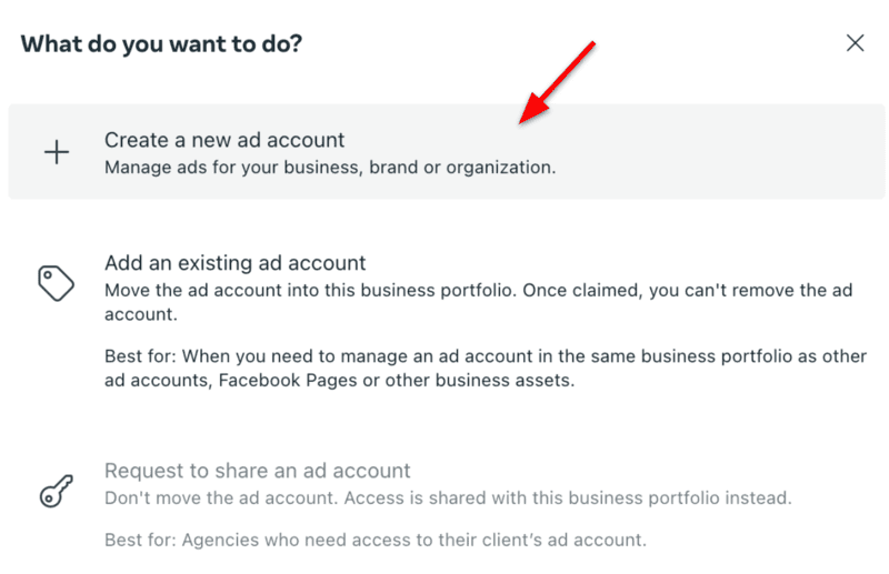 Business portfolio - create new ad account