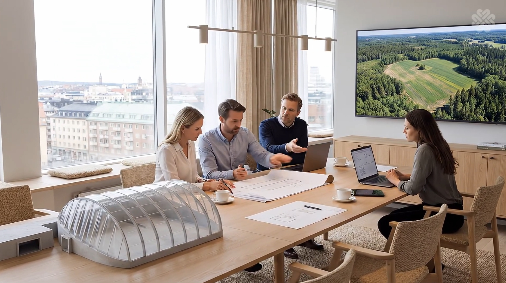 Meeting area in the Hållbar Odling greenhouse, 3D visualization