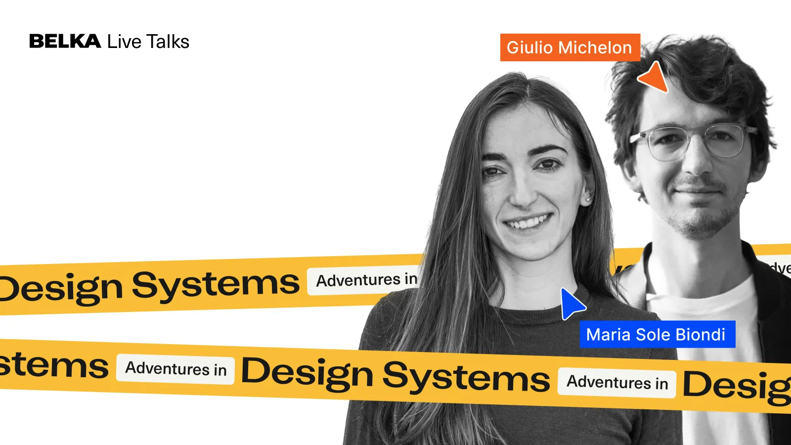 Portraits of Maria Sole Biondi and Giulio Michelon along with colorul stripes, arrows and typohgraphy.