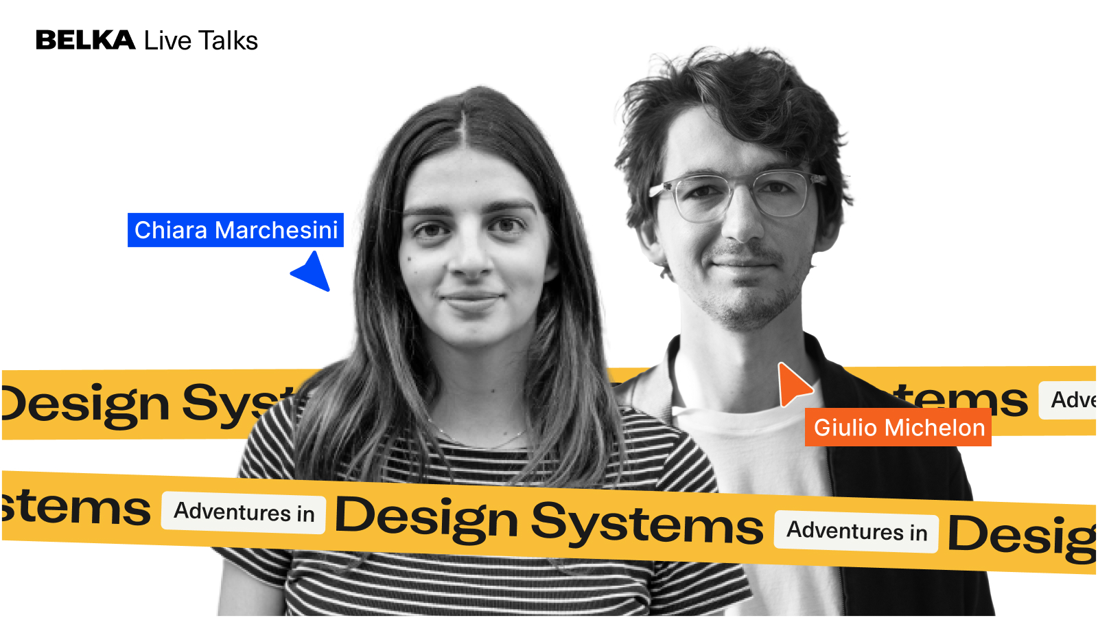 Portraits of Chiara Marchesini and Giulio Michelon along with colorul stripes, arrows and typohgraphy.