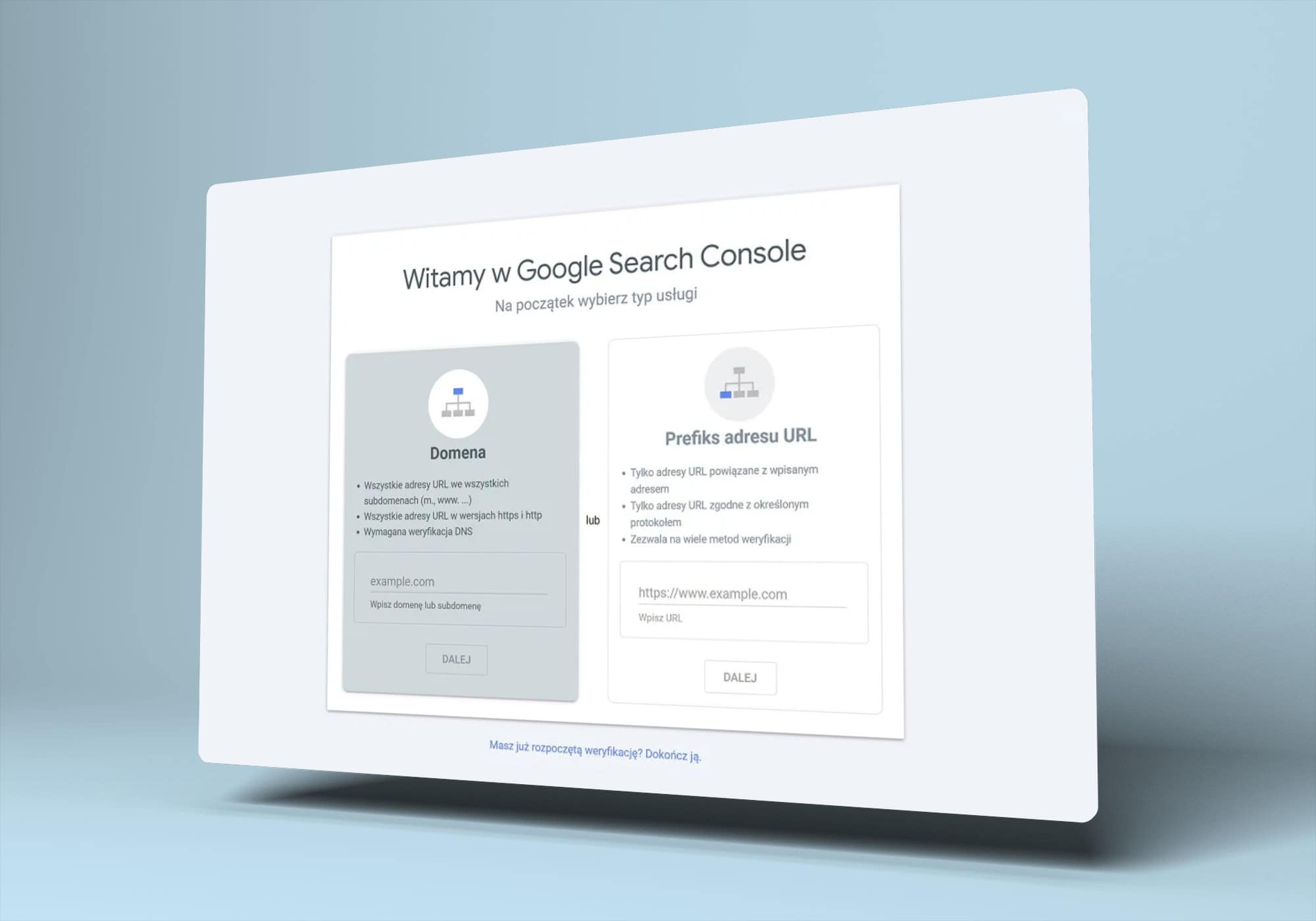 jak dodać stronę do Google Search Console - zrzut panelu, na którym dodaje się adres strony www