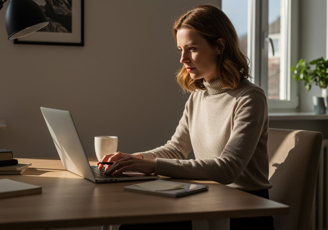 Copywriter pracujący nad tekstem marketingowym przy laptopie