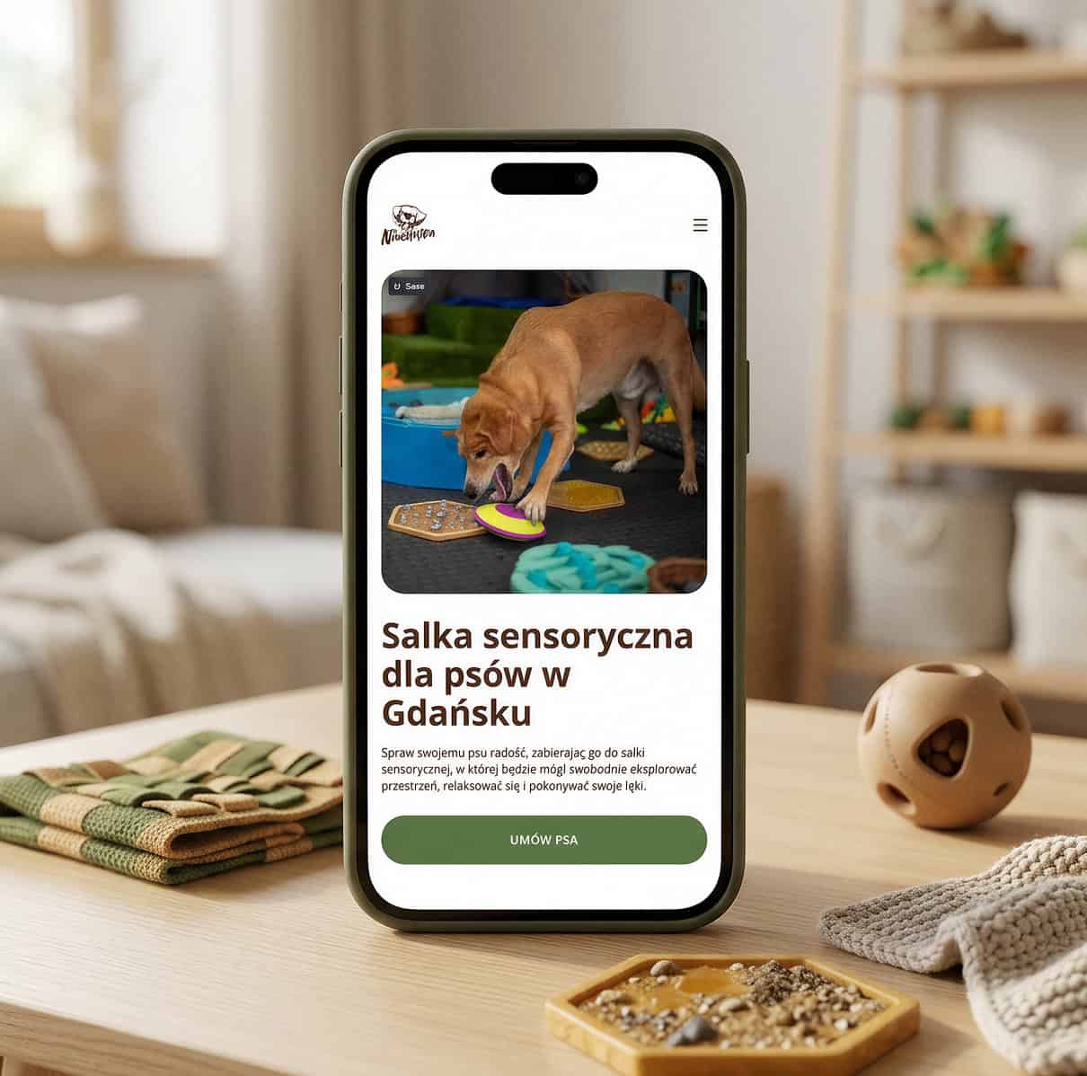 Profesjonalnie zaprojektowana strona internetowa na ekranie laptopa, który trzyma na kolanach kobieta siedząca na sofie