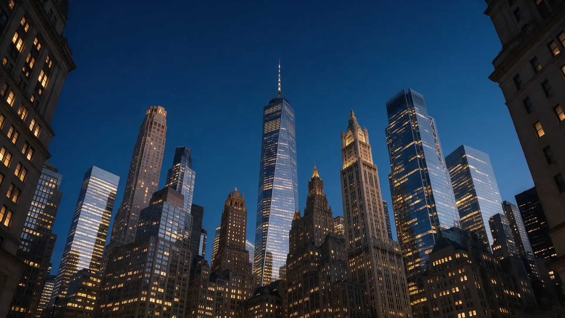 Lower Manhattan skyline at dusk