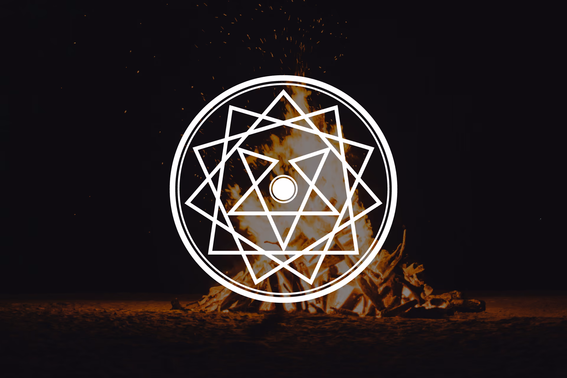 A hendecagram and broken pentagram overlaying a fire.