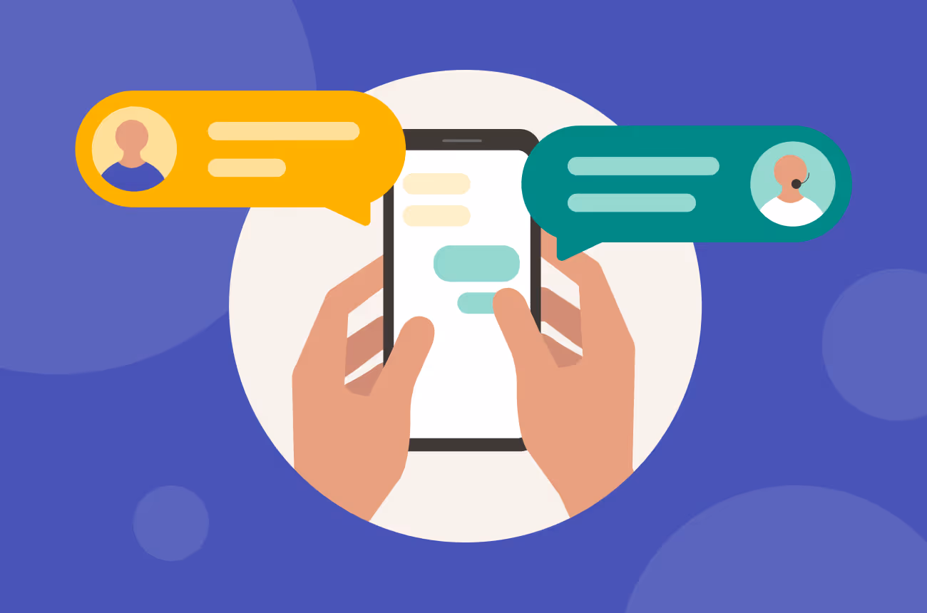 Illustration of hands holding a phone with text messages coming out of the screen