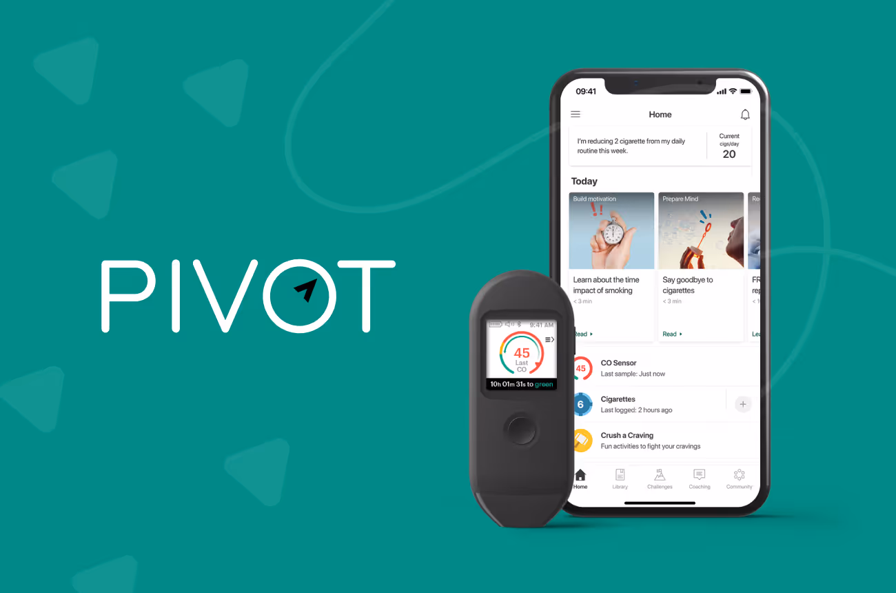Pivot app open with breath sensor with reading of 45 on green background with Pivot logo