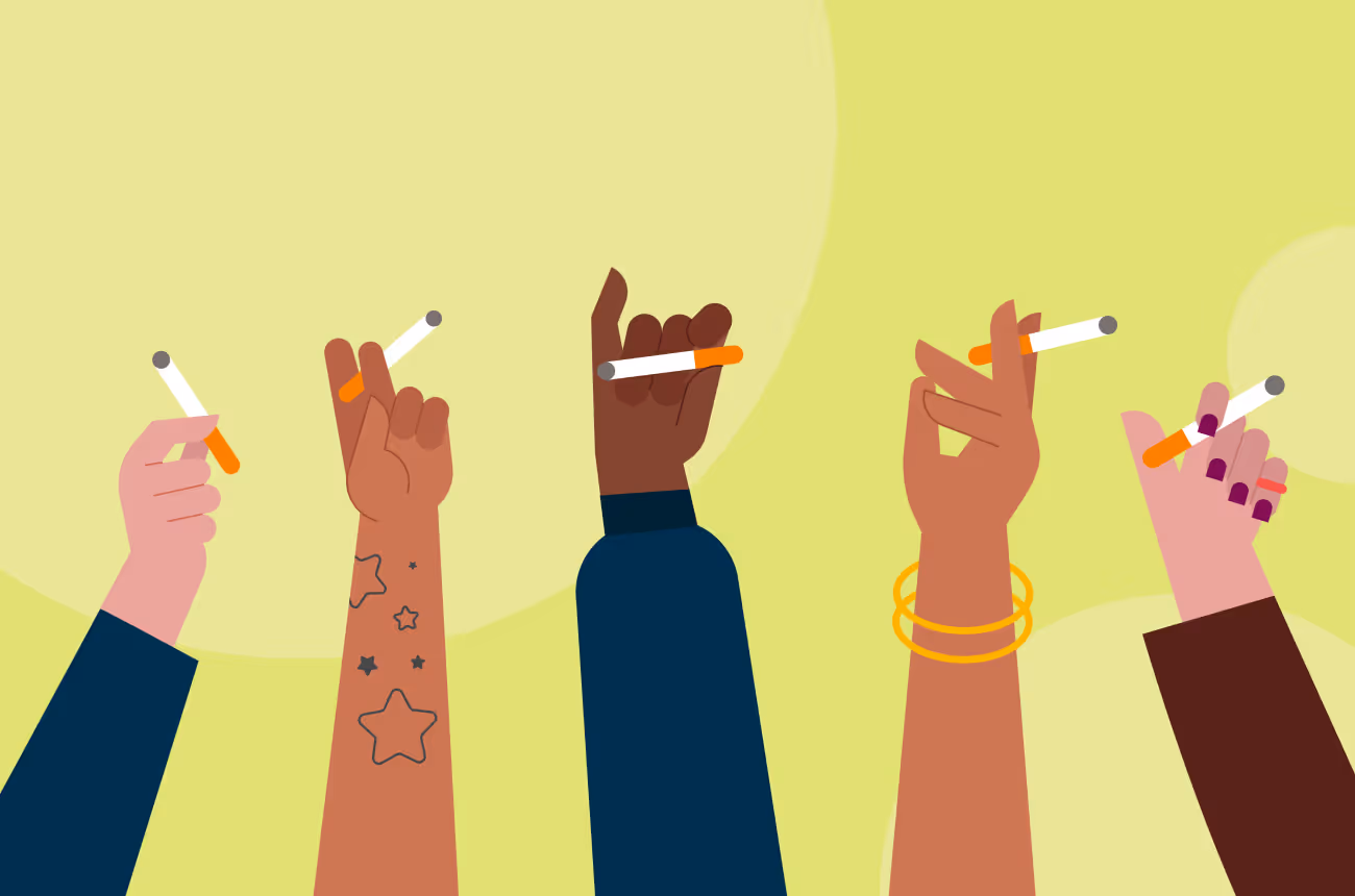 Four hands of all genders holding cigarettes 