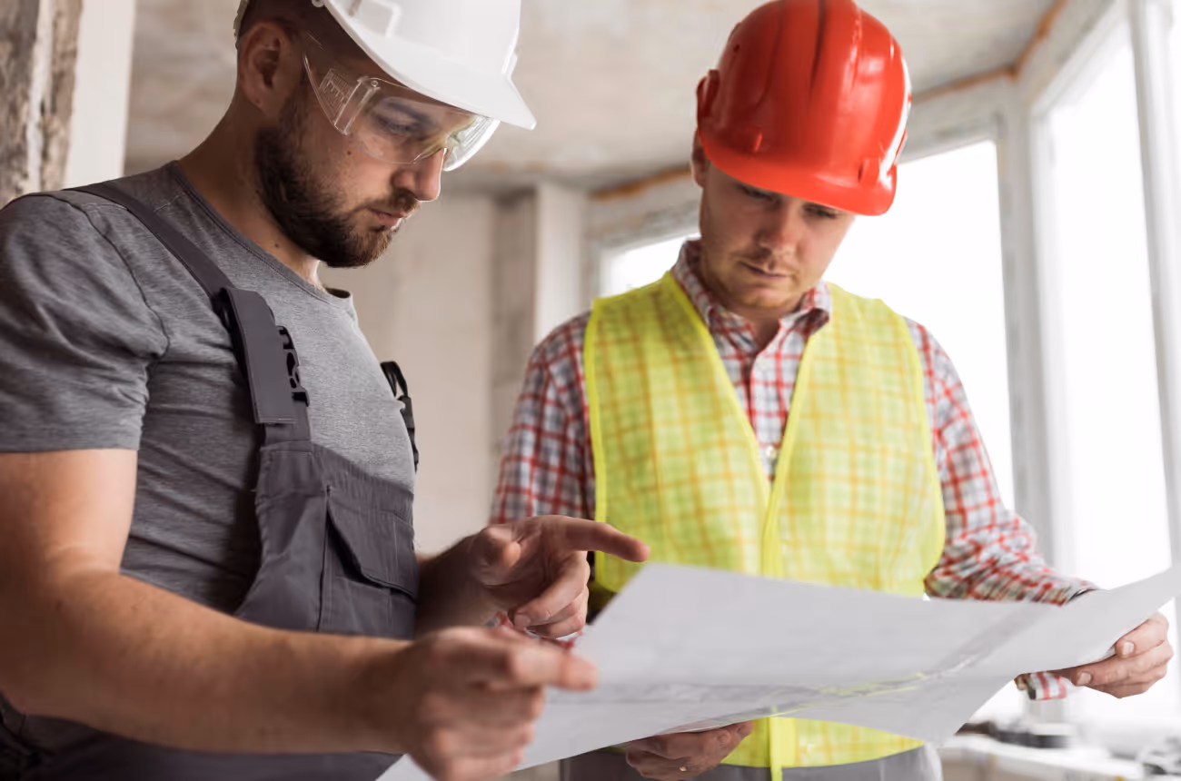 two construction employees looking at plans while wearing hard hats