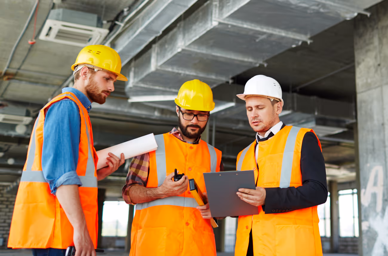 group of construction workers looking at plans together
