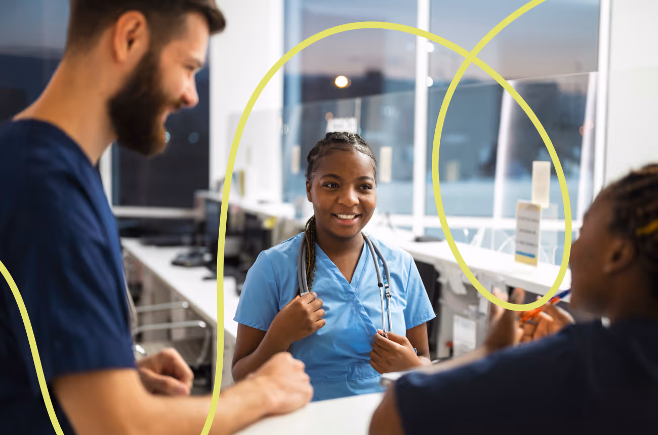 medical professionals chatting in a public space