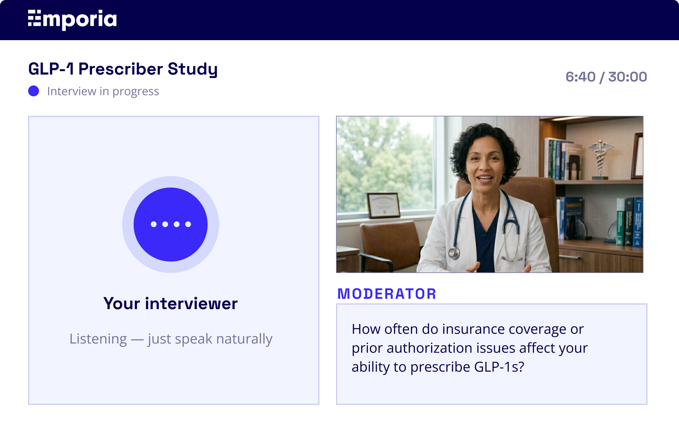 Emporia AI interview in progress — GLP-1 Prescriber Study