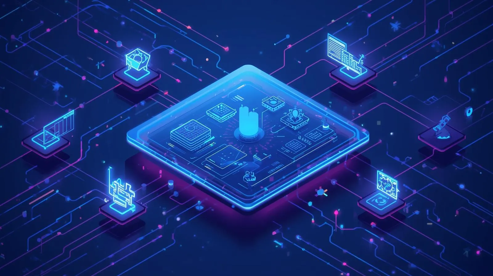 Glowing blue circuit board with icons representing technology and data connections on a dark background.