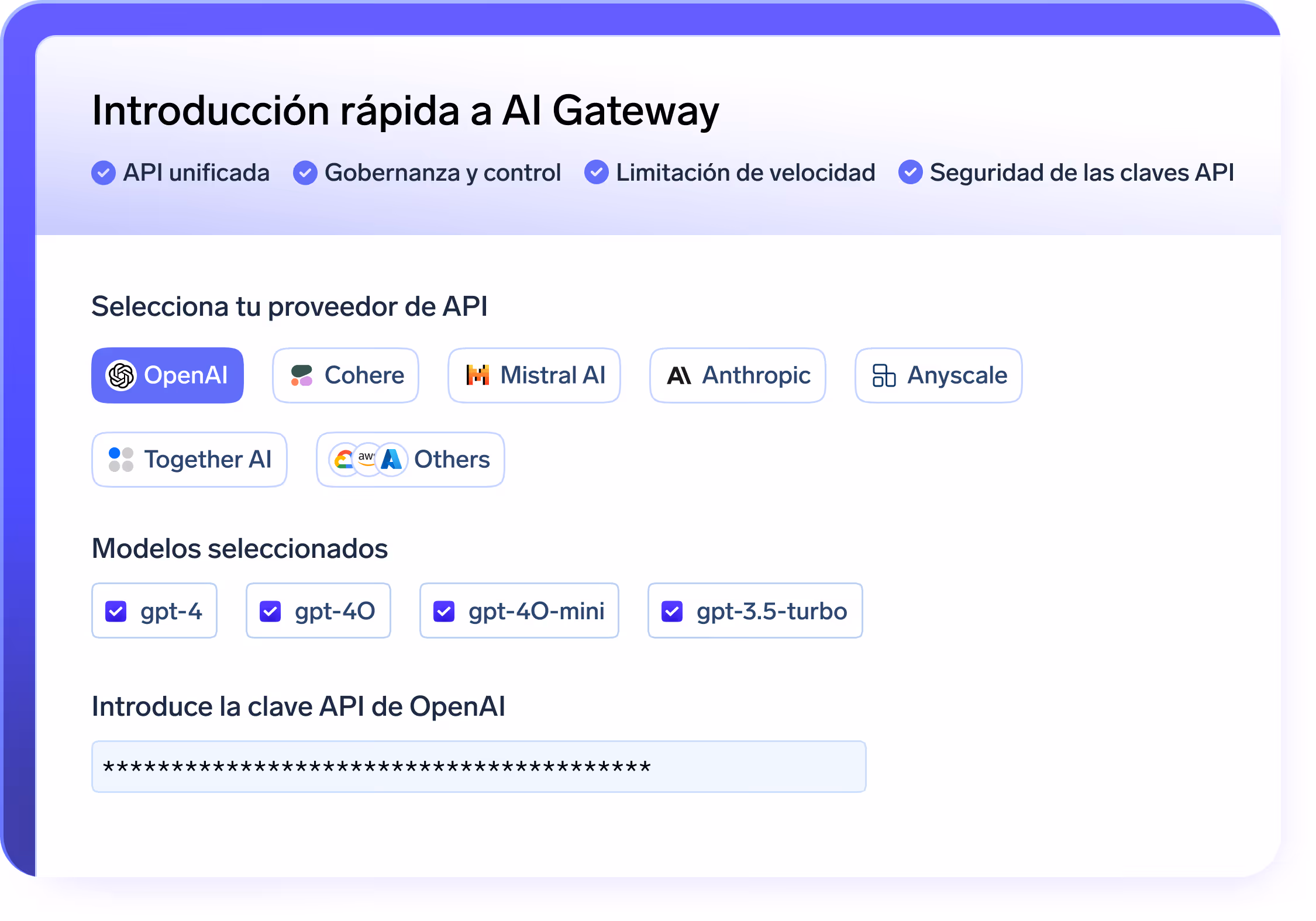 AI Gateway configuration options for OpenAI API keys and model selection interface.