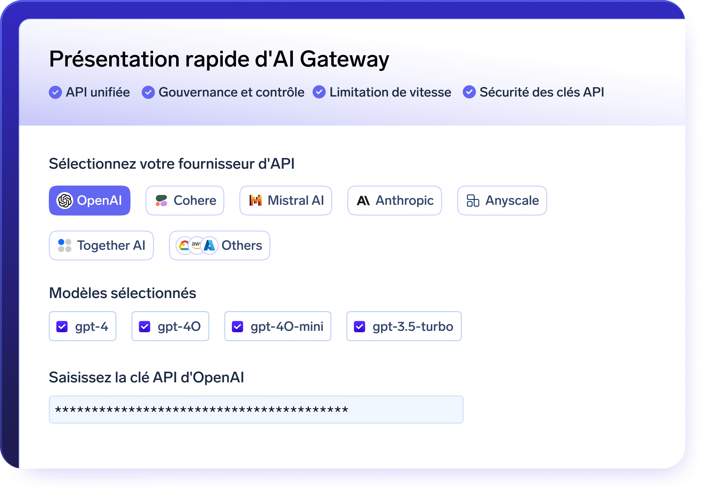 AI Gateway configuration options with OpenAI API key input and model selection including GPT-4 and gpt-3.5-turbo.