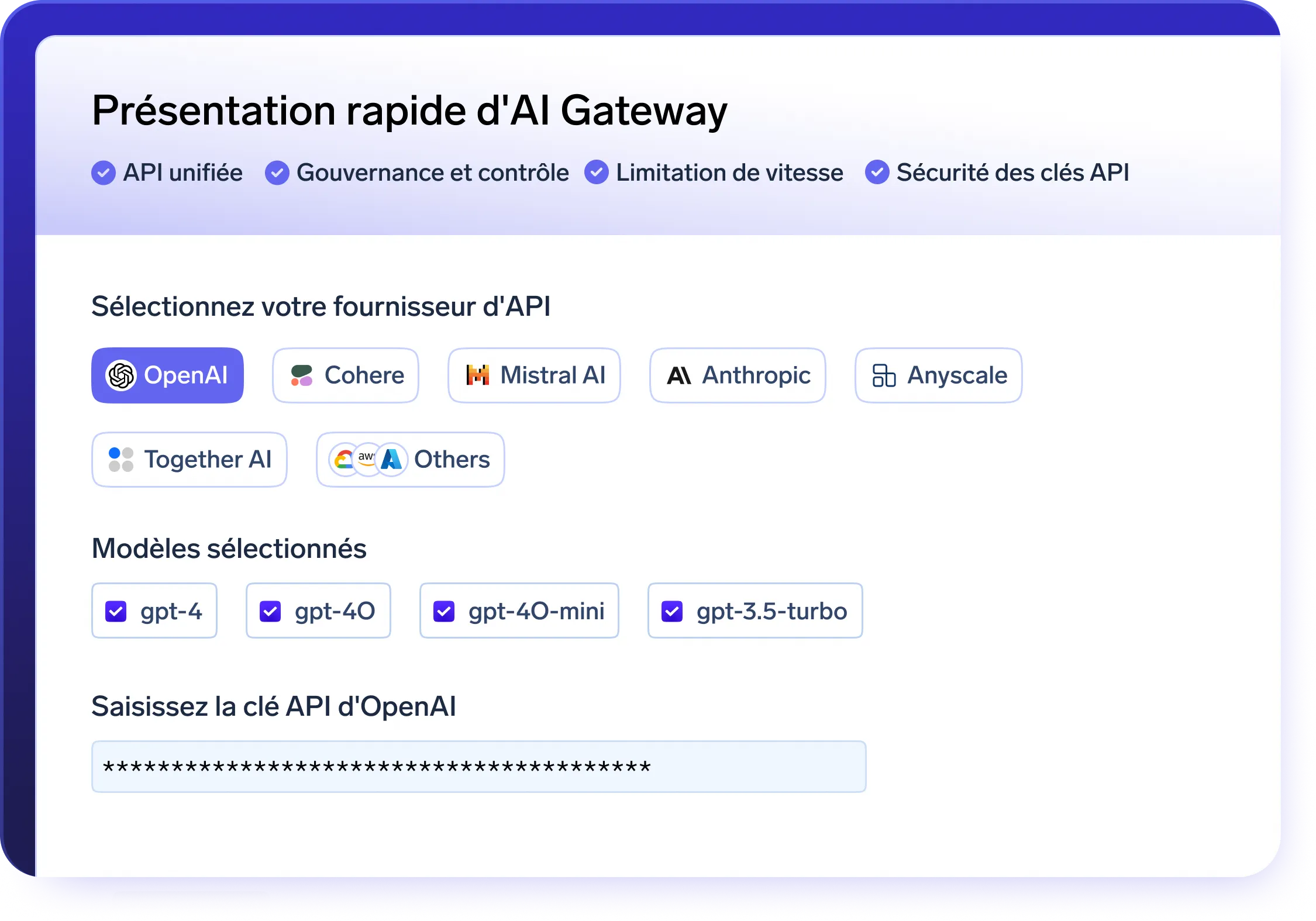AI Gateway configuration options with OpenAI API key input and model selection including GPT-4 and gpt-3.5-turbo.