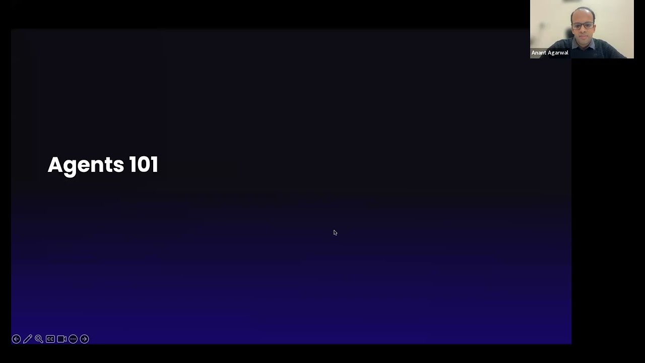 Video call screen showing a participant and a presentation slide titled Agents 101 on a dark blue gradient background.