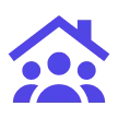 Family standing in front of a house with roof and chimney, people icon.