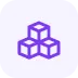Three interconnected purple cubes stacked pyramidally on a white background forming a geometric shape structure.