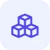 Three interconnected blue cube blocks stacked pyramidally on a white background forming a cohesive structure.