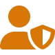 Orange icon of a person with an orange shield beside them on a white background.