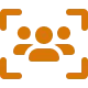 Three people icons in orange color with corners framing them on a white background together.