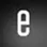 Large white lowercase letter e on a gradient dark gray background with subtle light effect.
