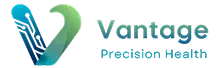Vantage Precision Health logo featuring gradient V symbol with DNA sequence and company name text.