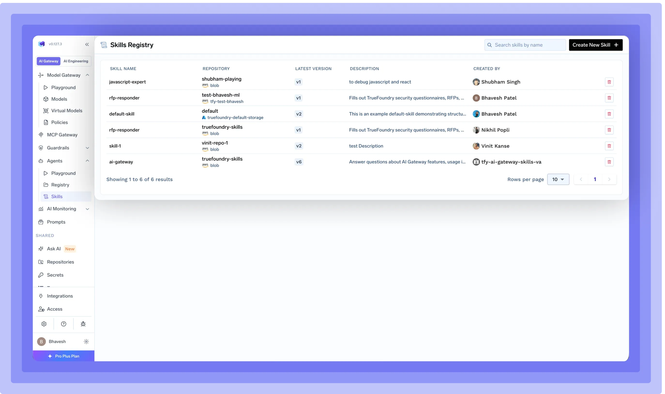 Skills registry dashboard with search and list of skills, repositories, and descriptions displayed.