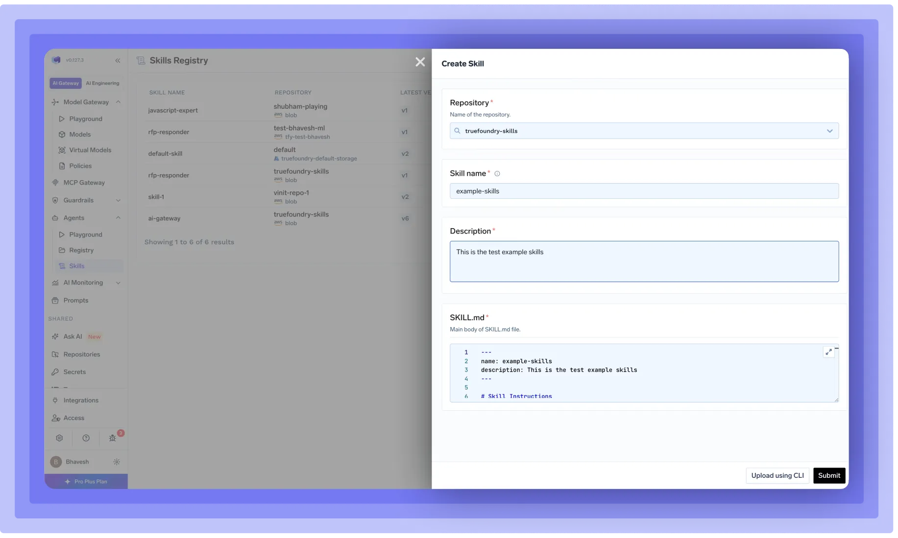 Skills registry repository creation form with fields for repository, skill name, description, and skill instructions.