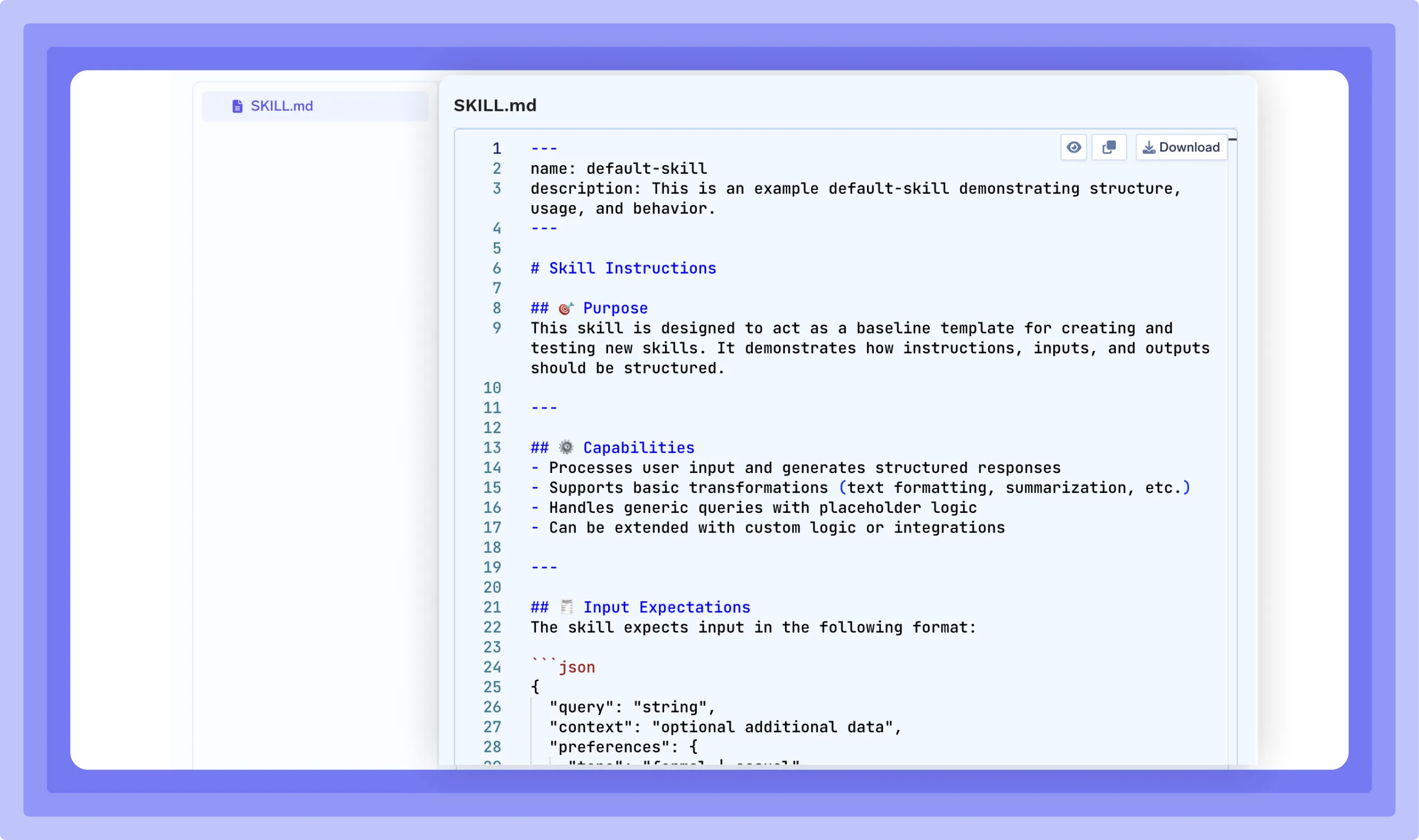Code editor displaying SKILL.md file with default skill template and structured instructions and capabilities listed.