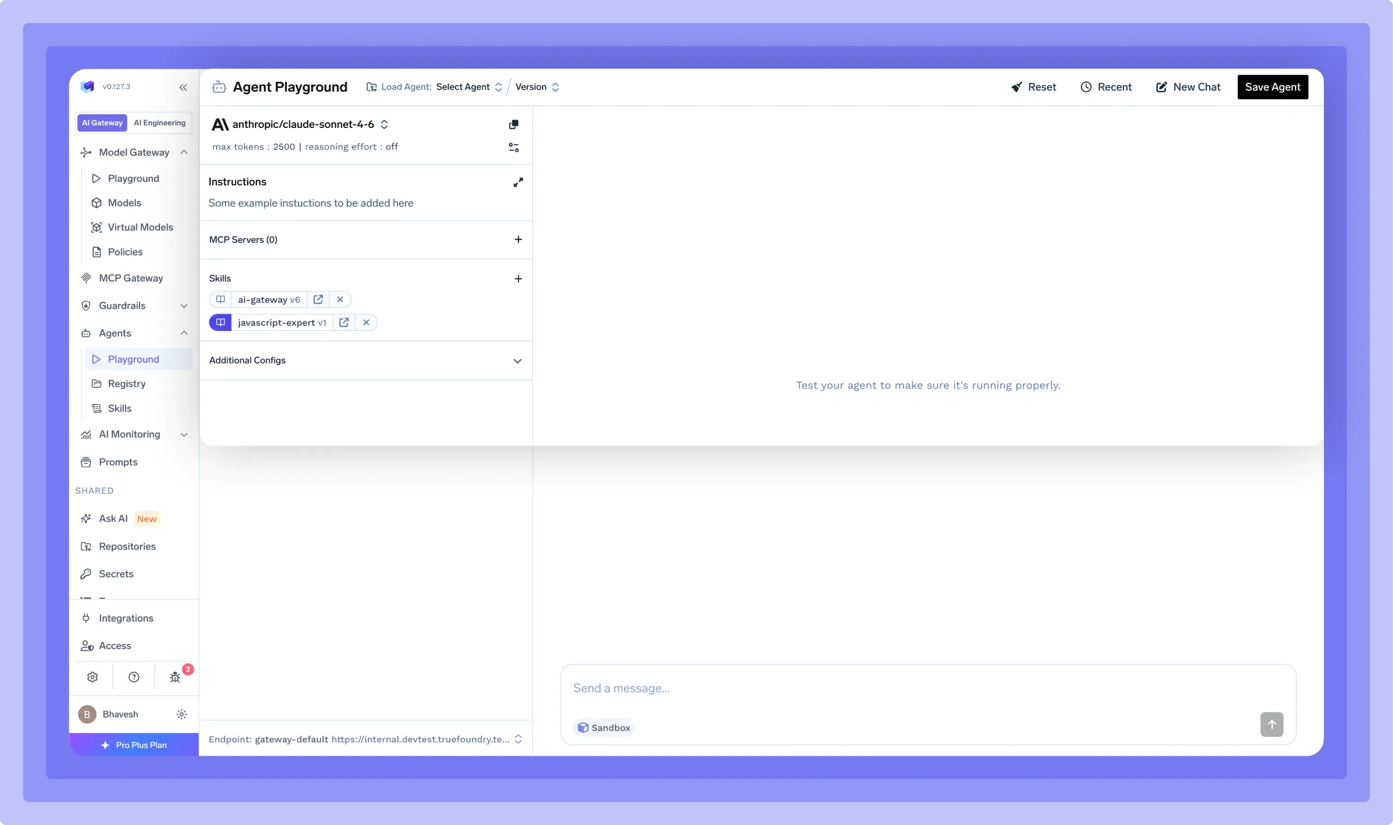 Agent Playground interface with AI model settings and instructions for testing and configuring agents.