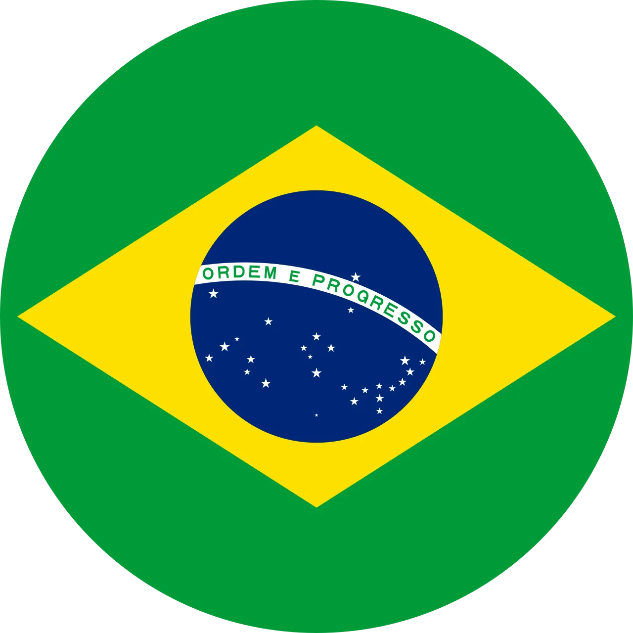 Brazil flag with green circle, yellow diamond, blue circle, stars, and Ordem e Progresso banner.