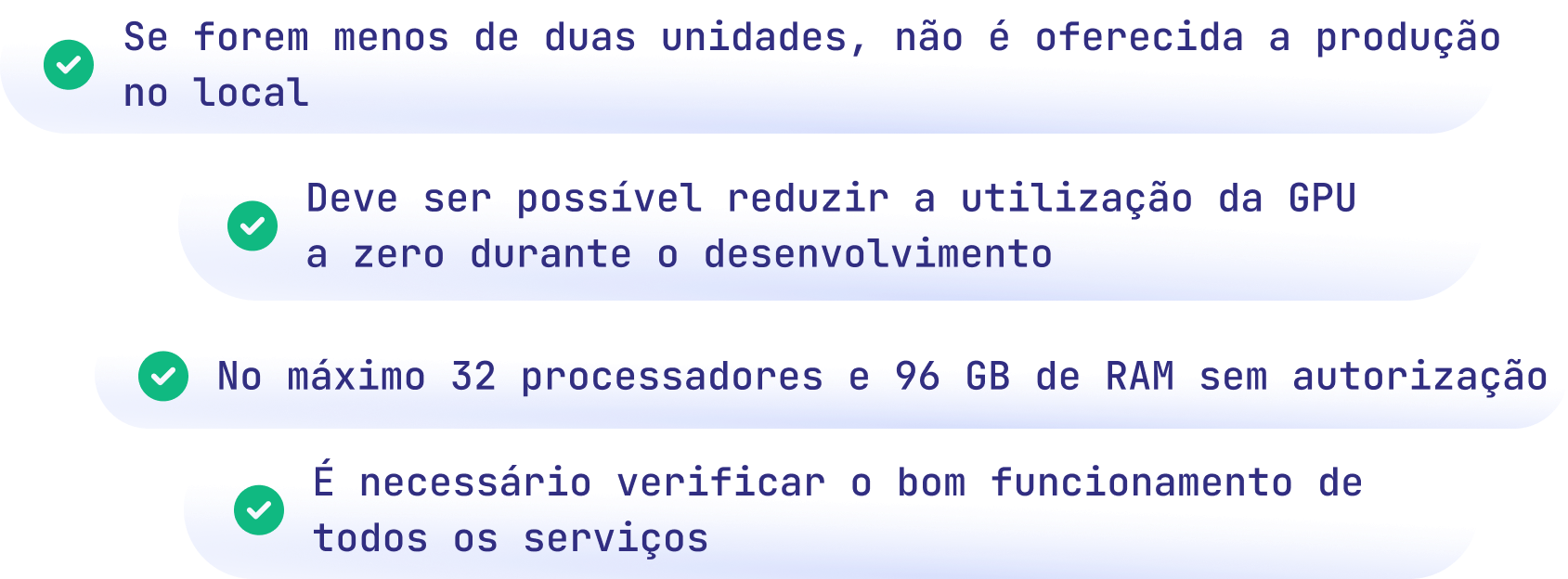 Checklist items for verifying system requirements and GPU usage.