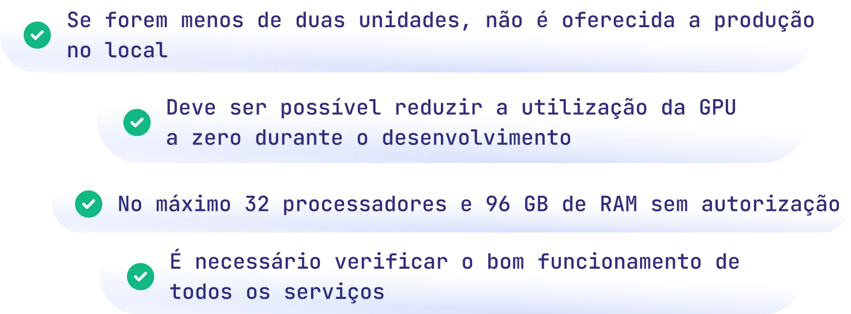 Checklist items for verifying system requirements and GPU usage.