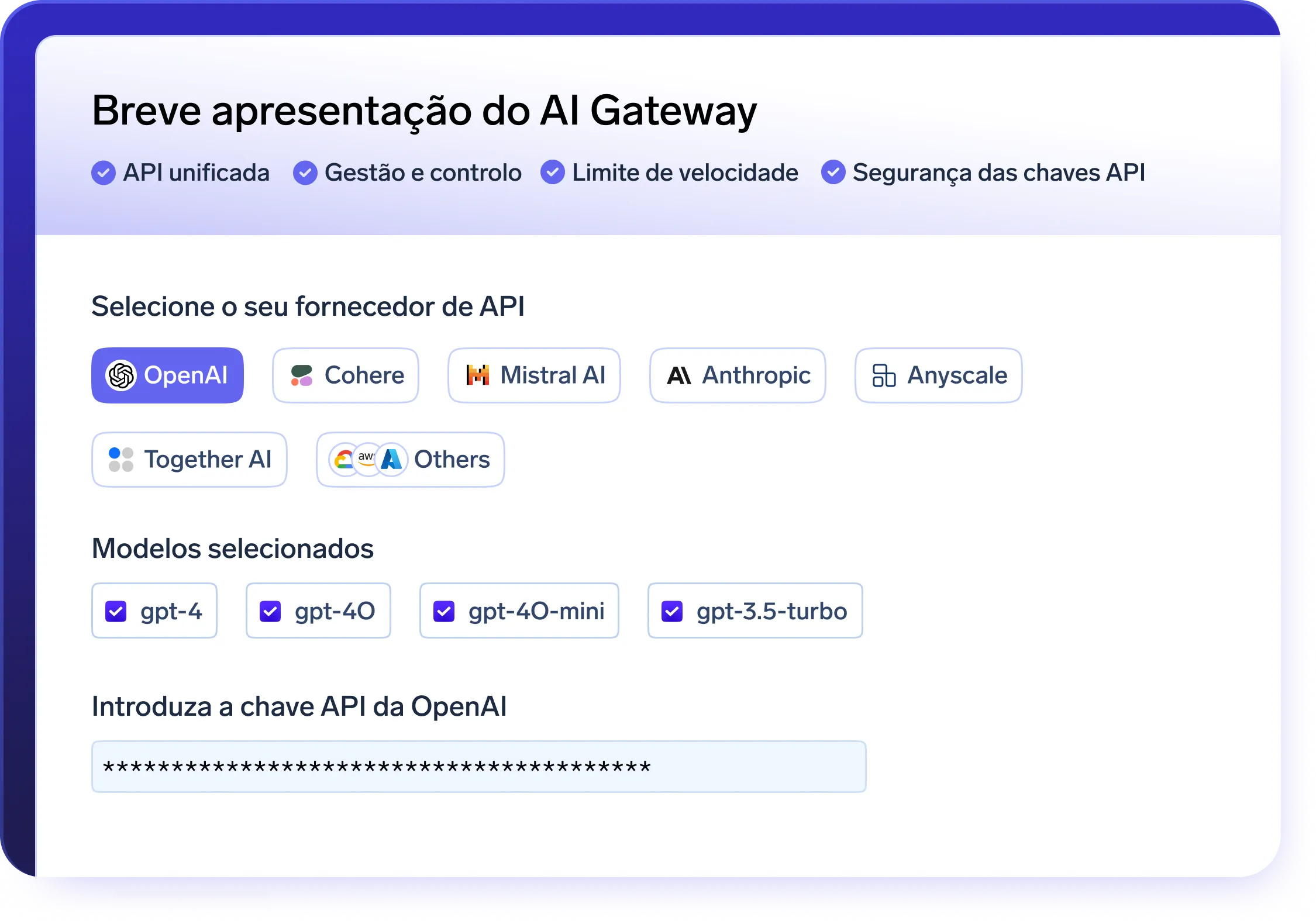 API Gateway configuration options for OpenAI, Cohere, Mistral AI, and other providers with selected models.