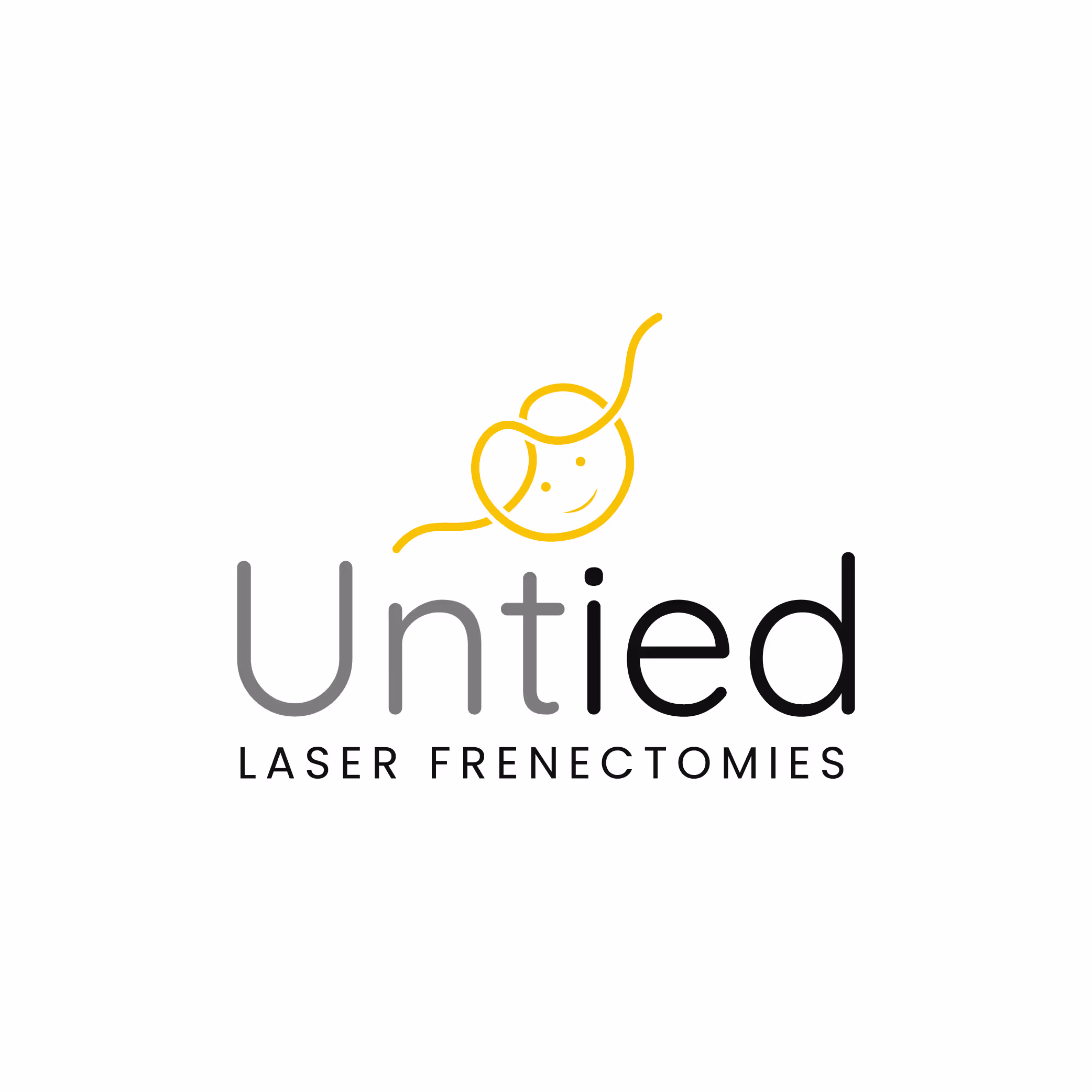 Logo with the word 'Untied' in gray and black with a yellow smiling face formed by a looping line above, and 'Laser Frenectomies' written below.