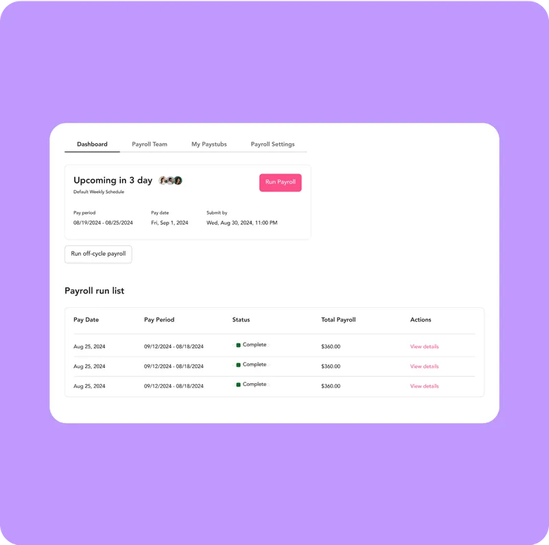 Screenshot of GlossGenius's payroll management interface indicating an upcoming payroll schedule and a list of previously run payroll.