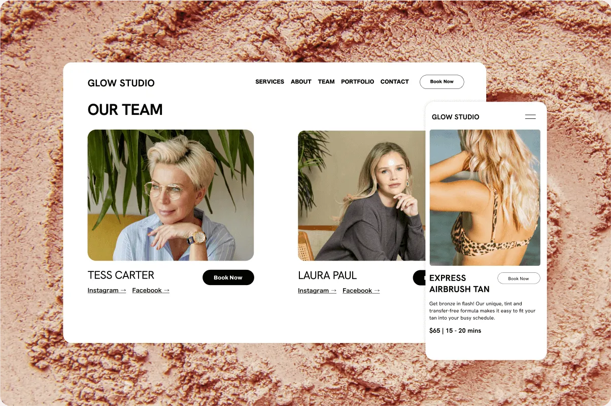 A salon booking platform's email campaign interface with a promotion for 20% off beauty services and an attached image.