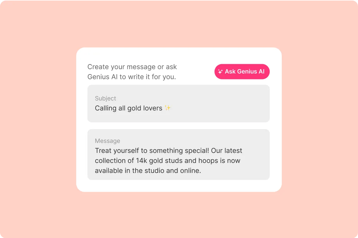 A salon booking platform's email campaign interface with a promotion for 20% off beauty services and an attached image.