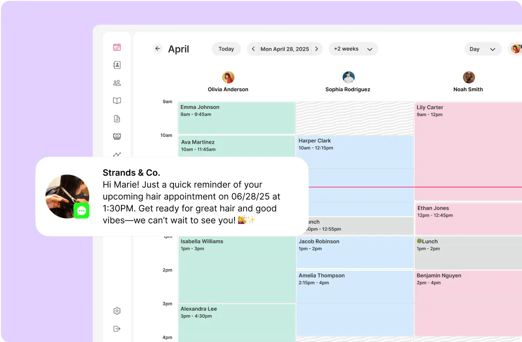 A salon booking platform's email campaign interface with a promotion for 20% off beauty services and an attached image.