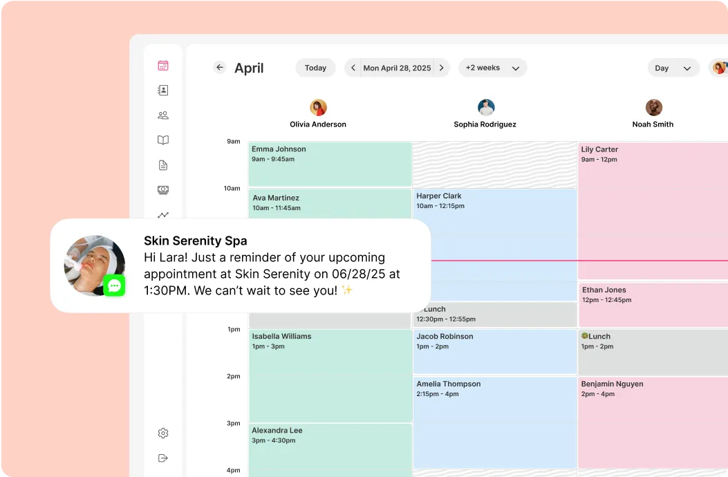 A salon booking platform's email campaign interface with a promotion for 20% off beauty services and an attached image.