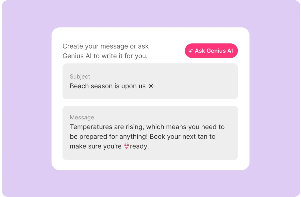 A salon booking platform's email campaign interface with a promotion for 20% off beauty services and an attached image.