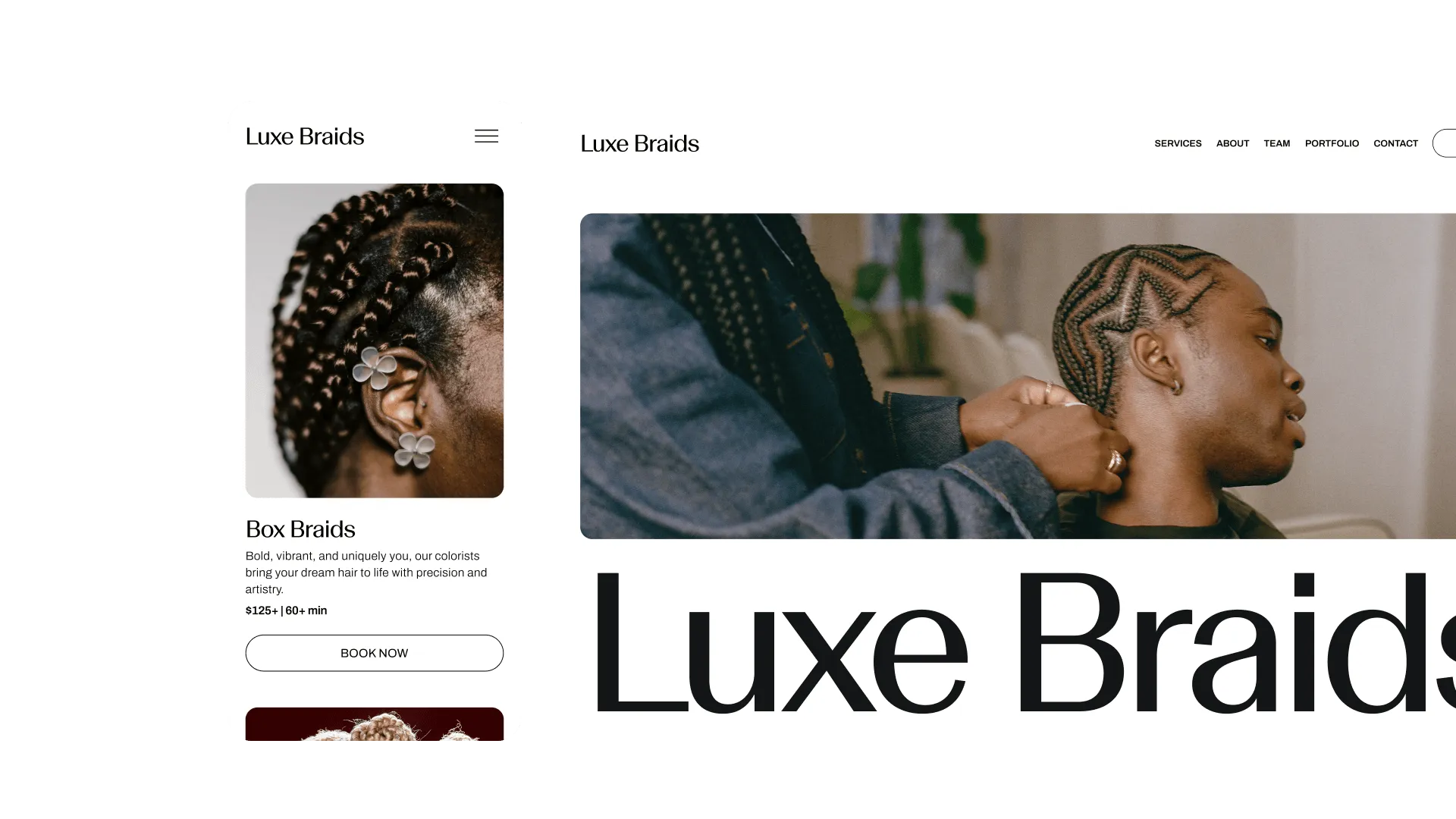 Mobile and desktop views of a GlossGenius-created salon booking site for Luxe Braids displaying the hair booking site services page and homepage.