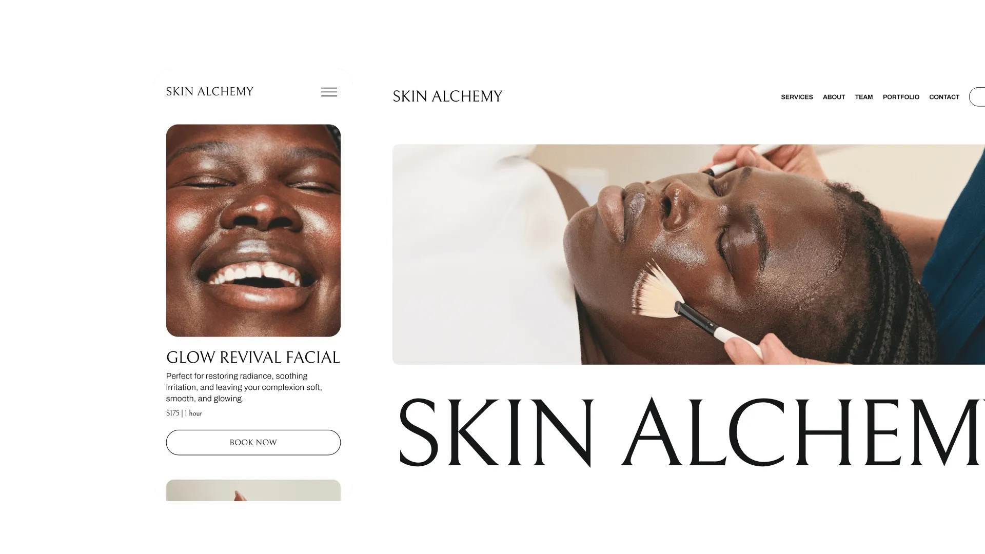 Mobile and desktop views of a GlossGenius-created esthetician booking site for Skin Alchemy displaying their services page and homepage.