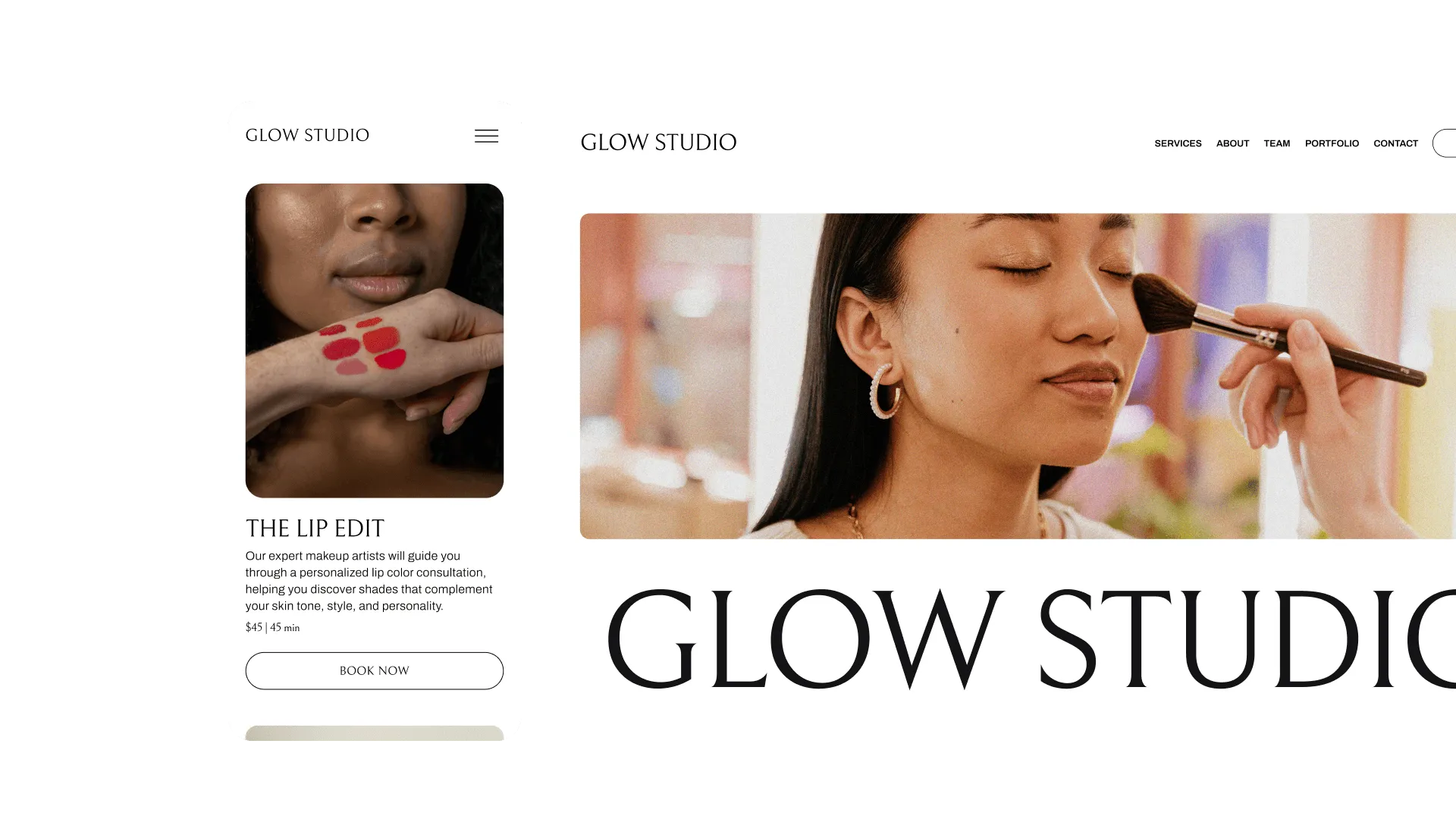 Mobile and desktop view of a makeup artist booking site created with GlossGenius displaying makeup artists performing makeup services on clients.